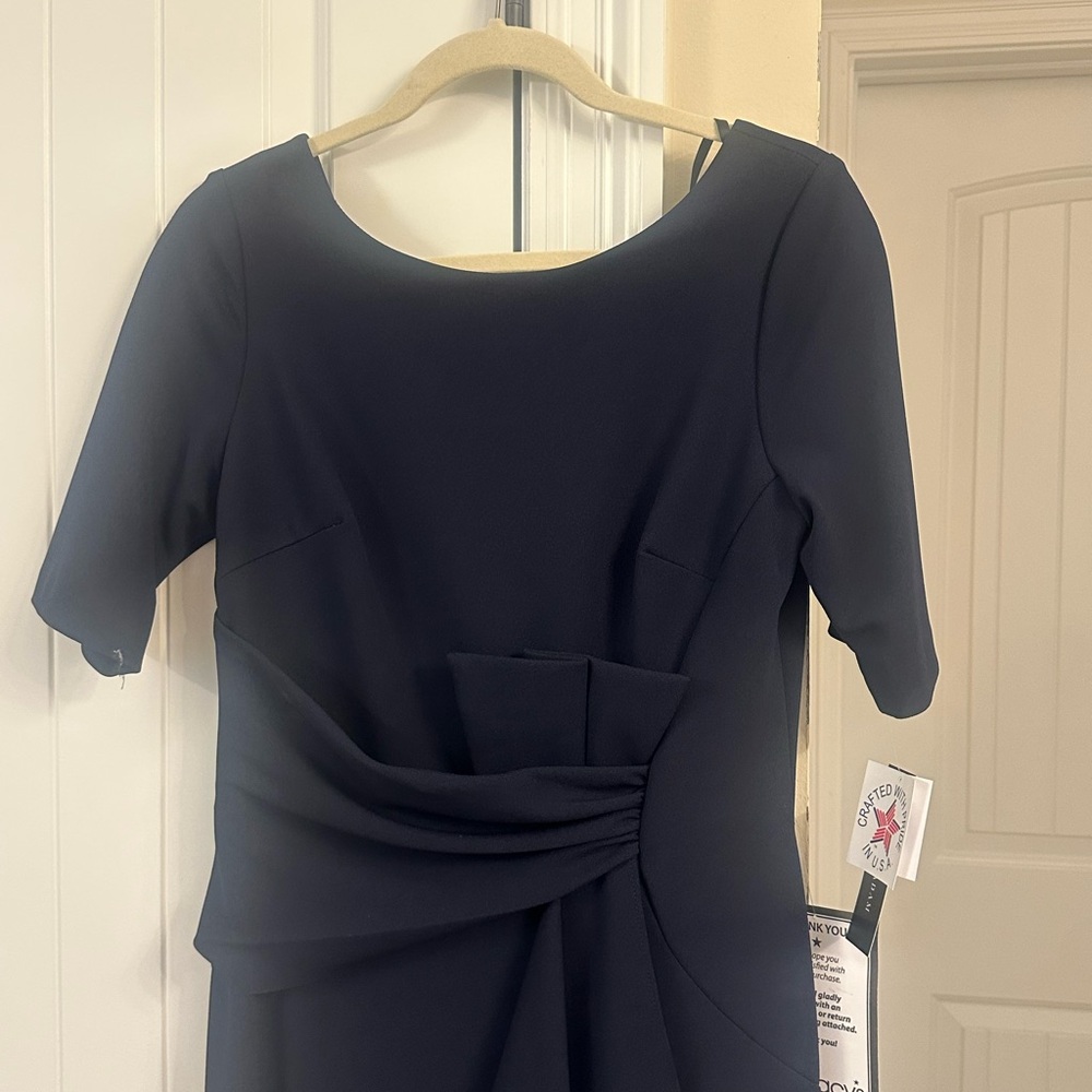 Betsy & Adam Elegant Navy Blue Gown with Ruffle Accent - Picture 2 of 4